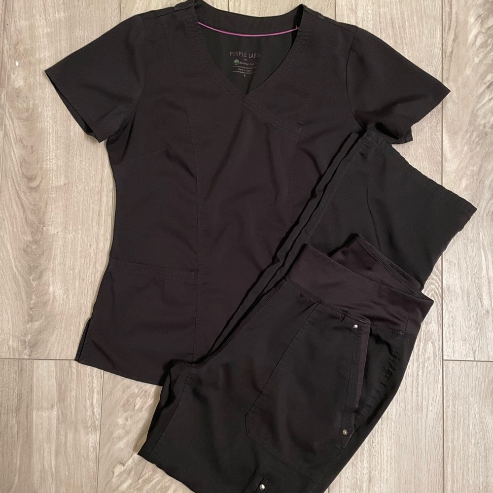 Womens small black purple label/healing hands scrub set